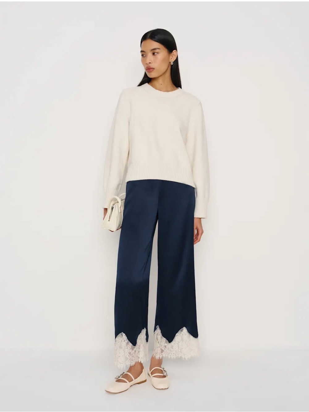 Reformation Carolina Silk Navy Wide-Leg Pants with Cream Lace Trim